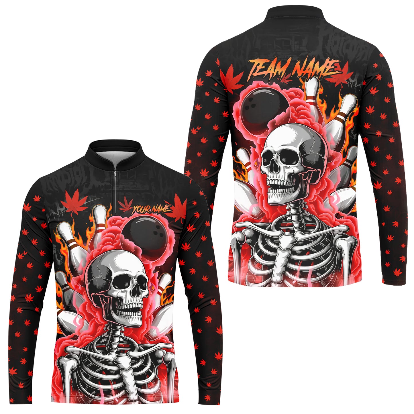 Customized Bowling Jersey, Maple Leaves With Skeleton And Flame Pins, Uniform Bowling - Personalized Name And Team Name