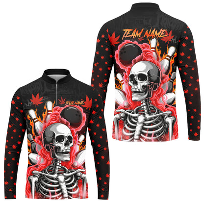 Customized Bowling Jersey, Maple Leaves With Skeleton And Flame Pins, Uniform Bowling - Personalized Name And Team Name