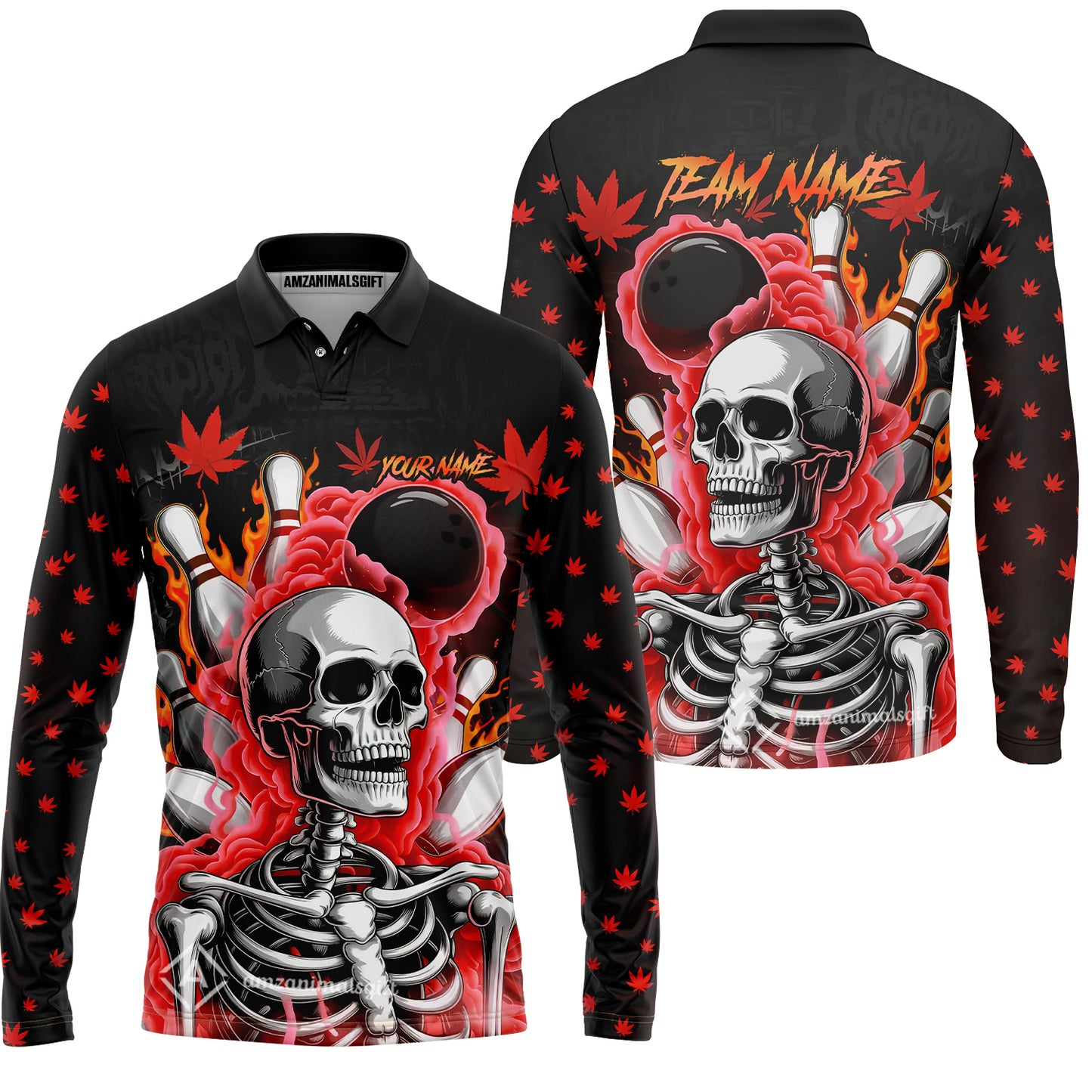 Customized Bowling Jersey, Maple Leaves With Skeleton And Flame Pins, Uniform Bowling - Personalized Name And Team Name