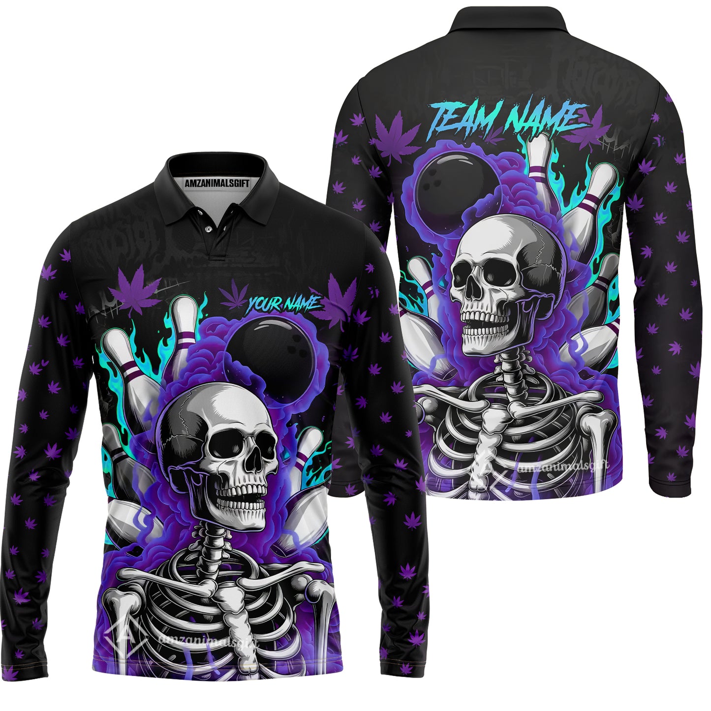 Customized Bowling Jersey, Maple Leaves With Skeleton And Flame Pins, Uniform Bowling - Personalized Name And Team Name