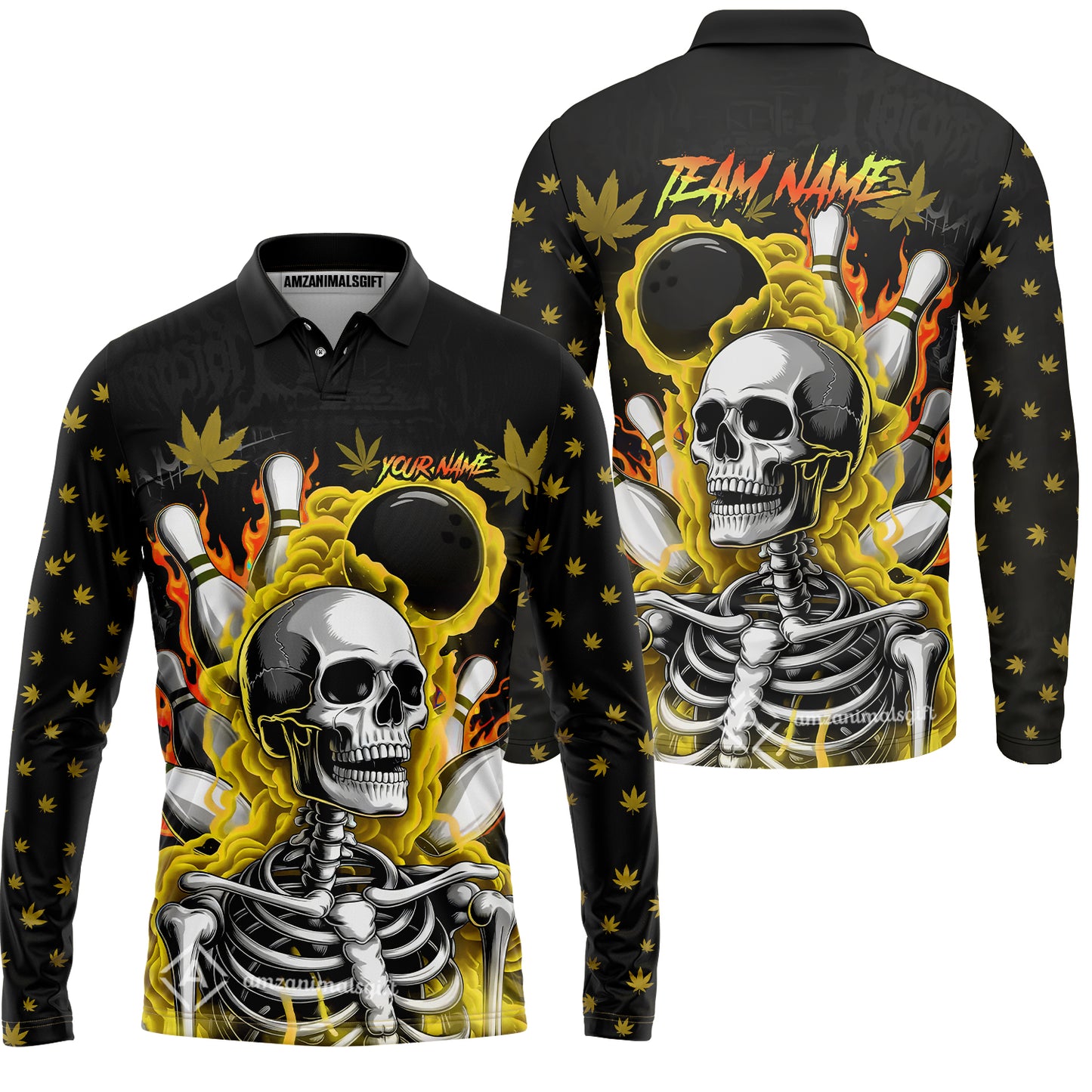 Customized Bowling Jersey, Maple Leaves With Skeleton And Flame Pins, Uniform Bowling - Personalized Name And Team Name