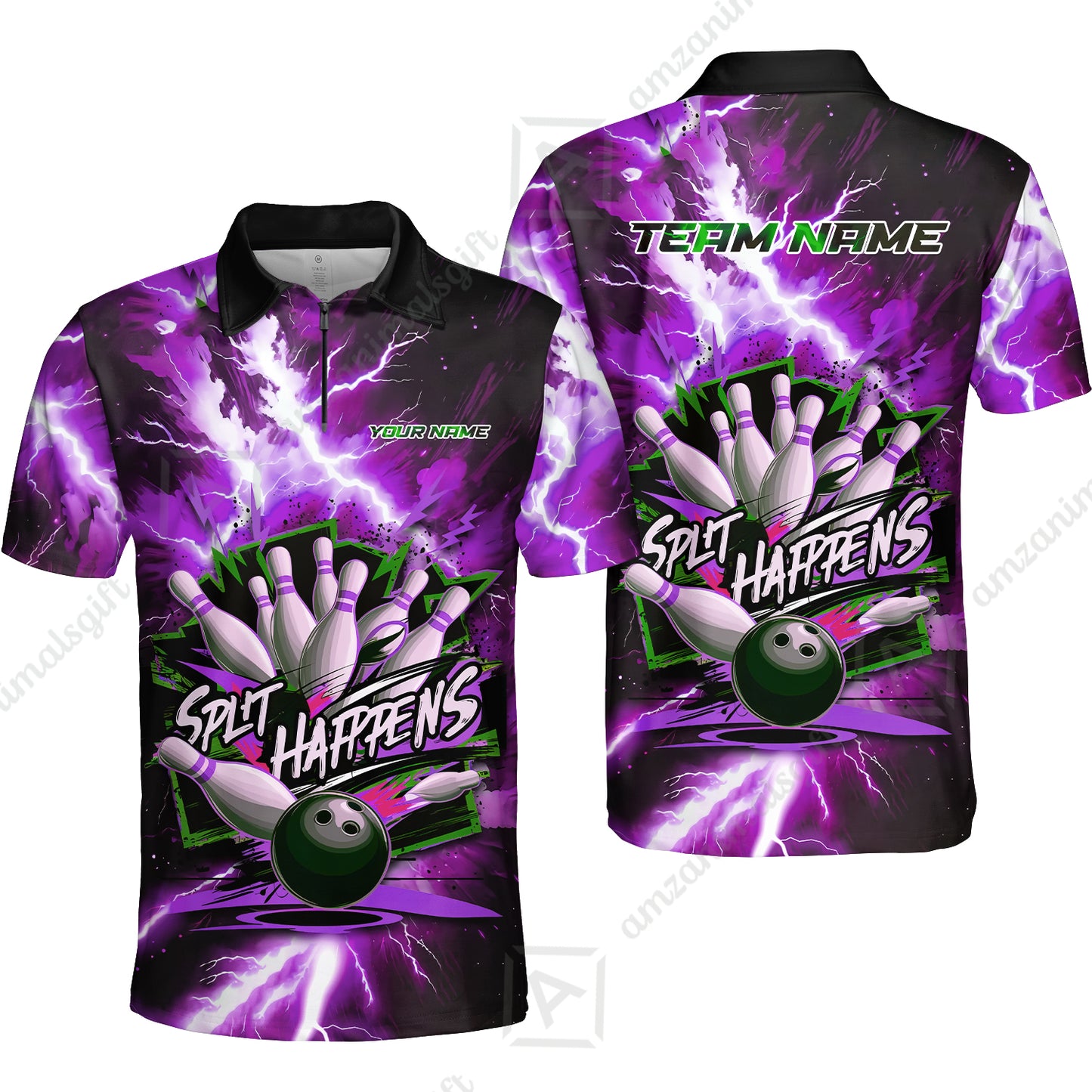 Custom Bowling Team Jersey, Split Happens - Electric Lightning, Bowling Uniforms, Personalize Name And Team Name