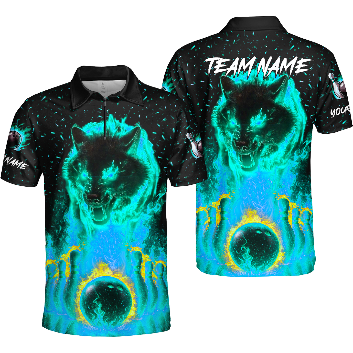 Customized Bowling Jersey, Glowing Wolf with Fiery Bowling Pins , Uniform Bowling - Personalized Name And Team Name