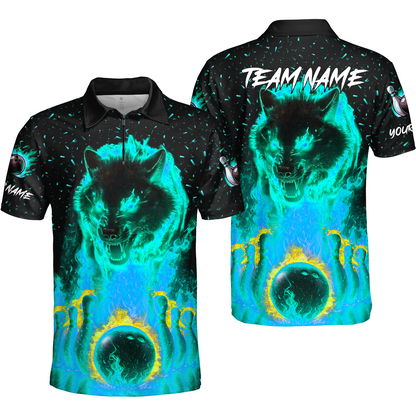 Customized Bowling Jersey, Glowing Wolf with Fiery Bowling Pins , Uniform Bowling - Personalized Name And Team Name