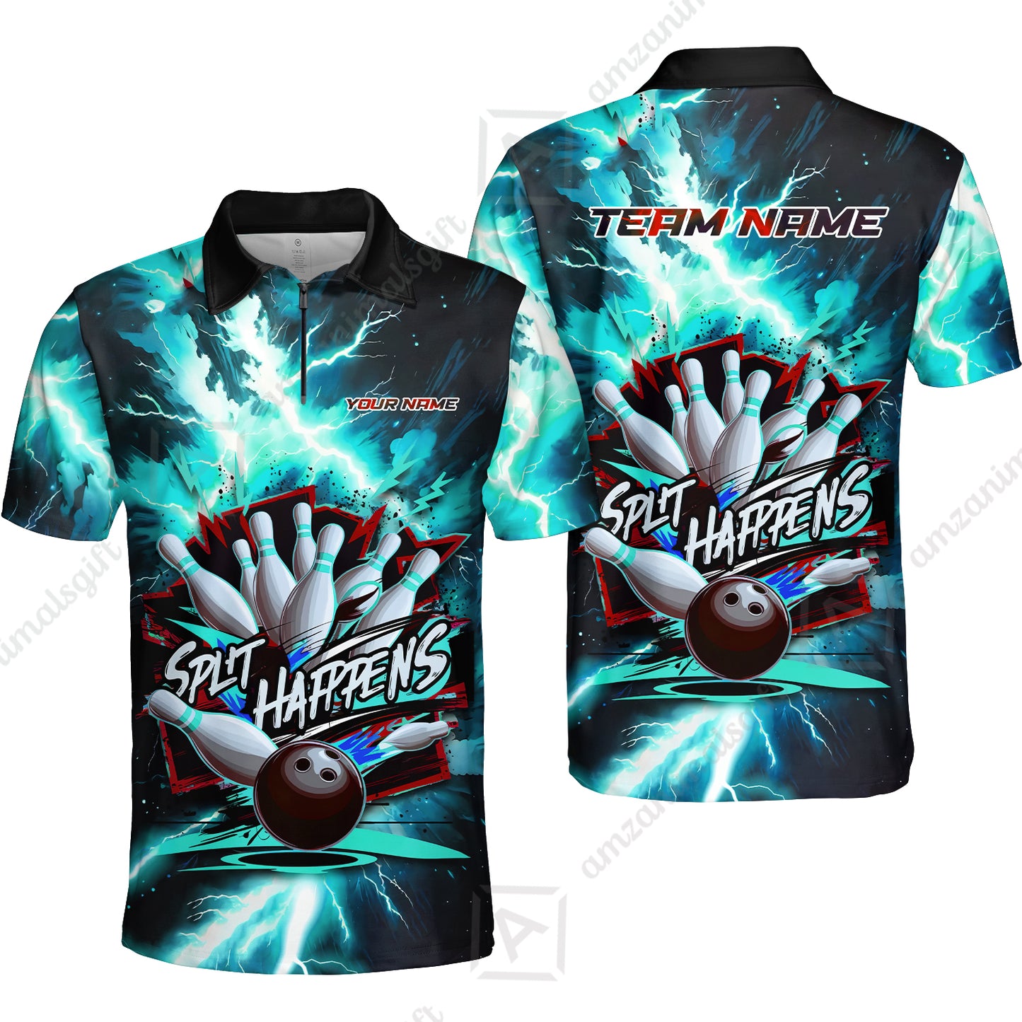 Custom Bowling Team Jersey, Split Happens - Electric Lightning, Bowling Uniforms, Personalize Name And Team Name