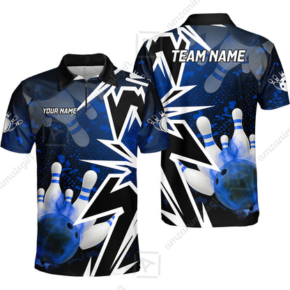 Customized Bowling Polo, Bowling And Pins Smoke Multicolor Option Customized Name And Team Zipper Polo Jerseys Shirts