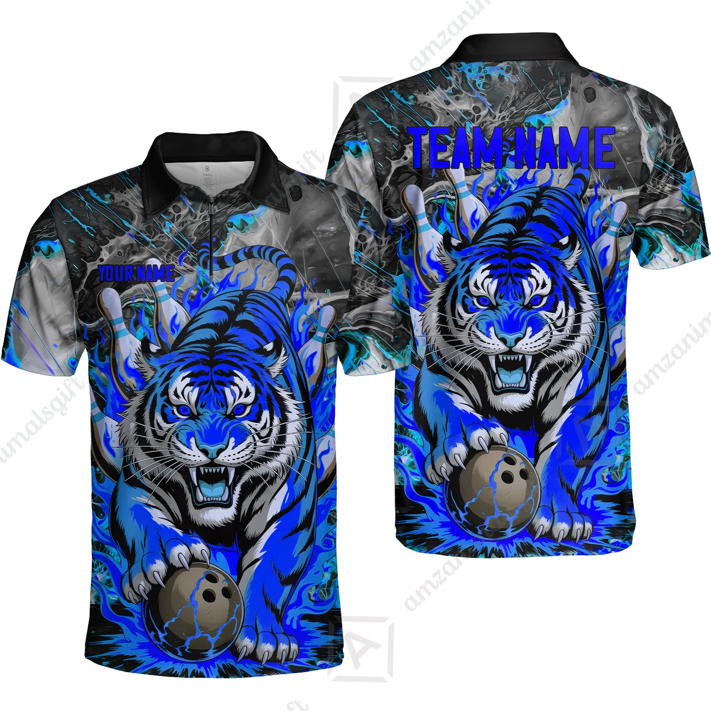 Custom Bowling Team Jersey, Tiger Gripping A Bowling Ball, Bowling Uniforms, Personalize Name And Team Name