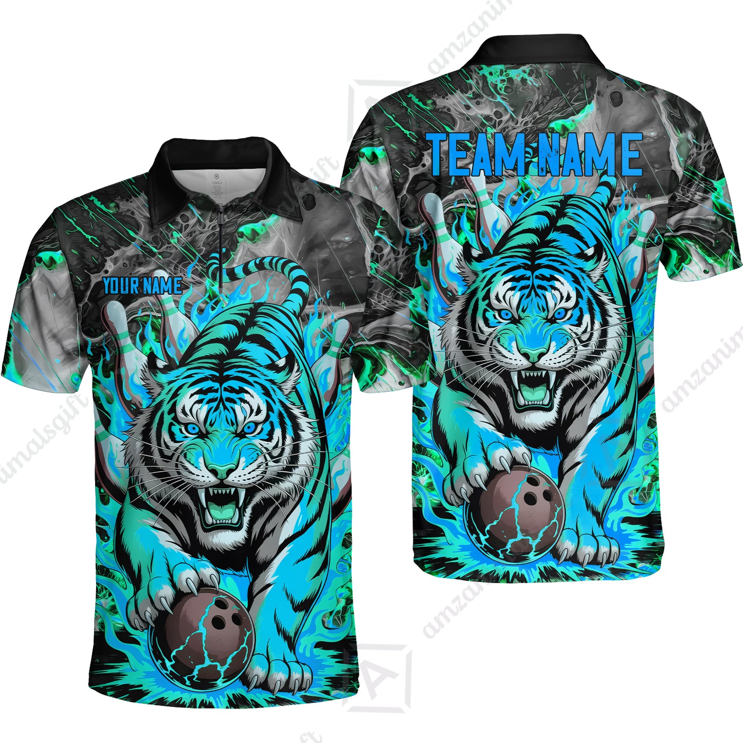 Custom Bowling Team Jersey, Tiger Gripping A Bowling Ball, Bowling Uniforms, Personalize Name And Team Name