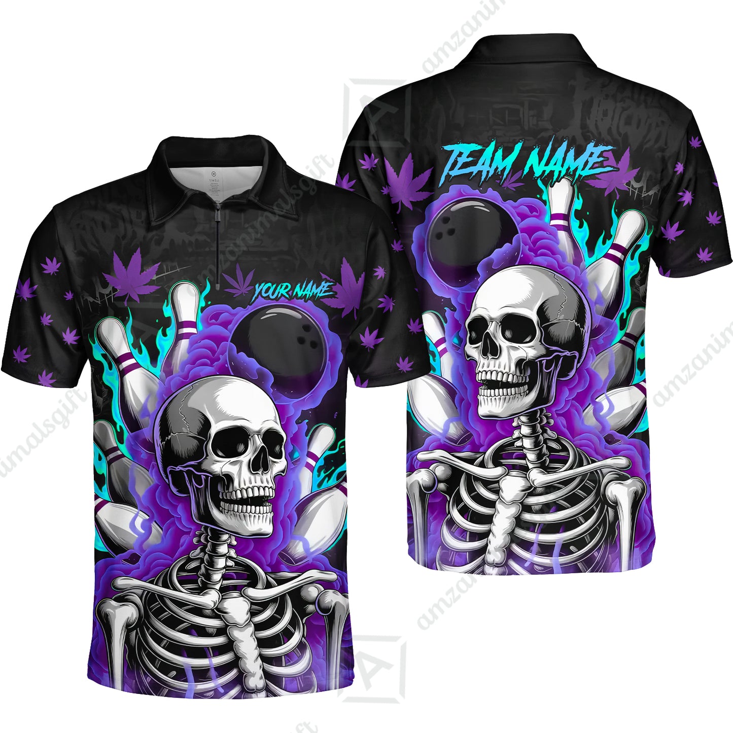 Customized Bowling Jersey, Maple Leaves With Skeleton And Flame Pins, Uniform Bowling - Personalized Name And Team Name