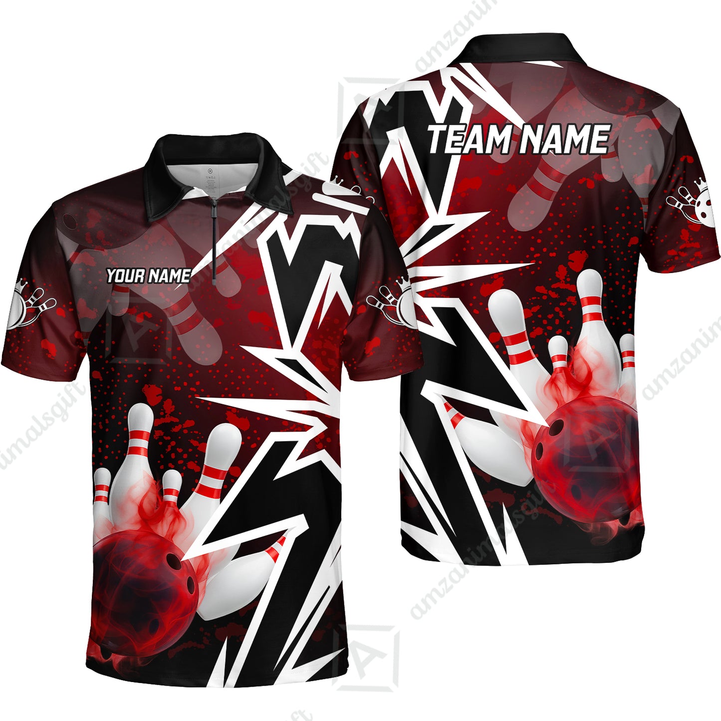 Customized Bowling Polo, Bowling And Pins Smoke Multicolor Option Customized Name And Team Zipper Polo Jerseys Shirts