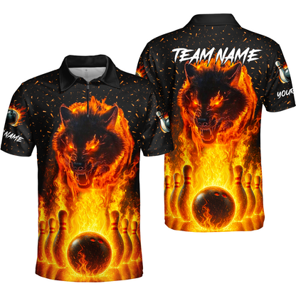 Customized Bowling Jersey, Glowing Wolf with Fiery Bowling Pins , Uniform Bowling - Personalized Name And Team Name