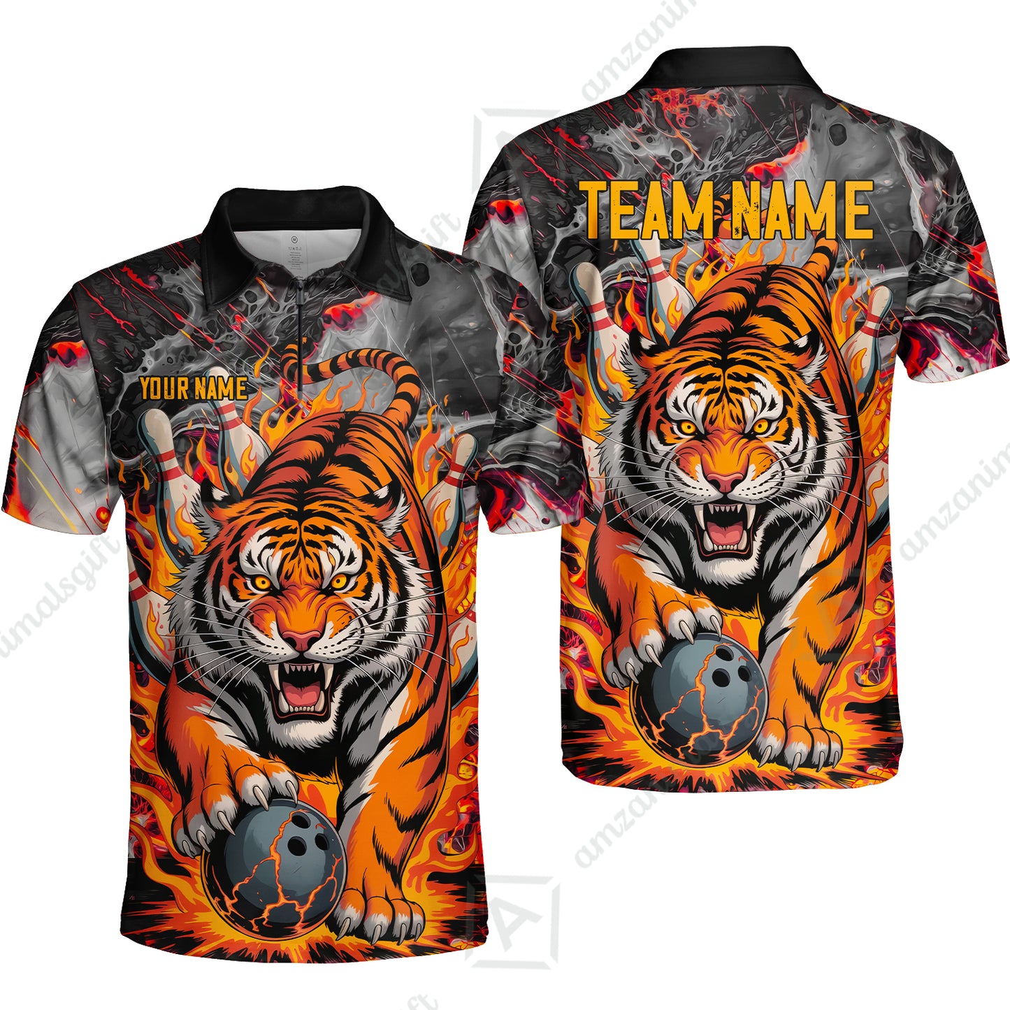 Custom Bowling Team Jersey, Tiger Gripping A Bowling Ball, Bowling Uniforms, Personalize Name And Team Name