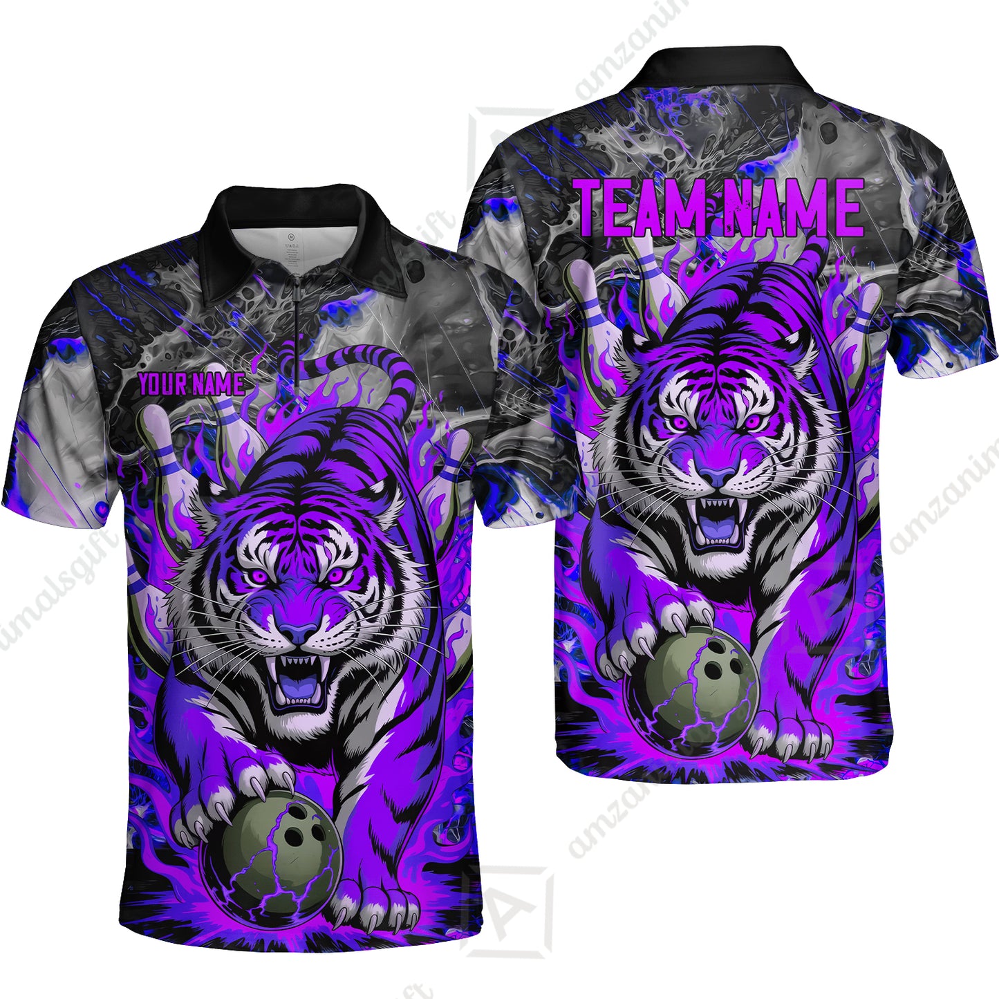 Custom Bowling Team Jersey, Tiger Gripping A Bowling Ball, Bowling Uniforms, Personalize Name And Team Name
