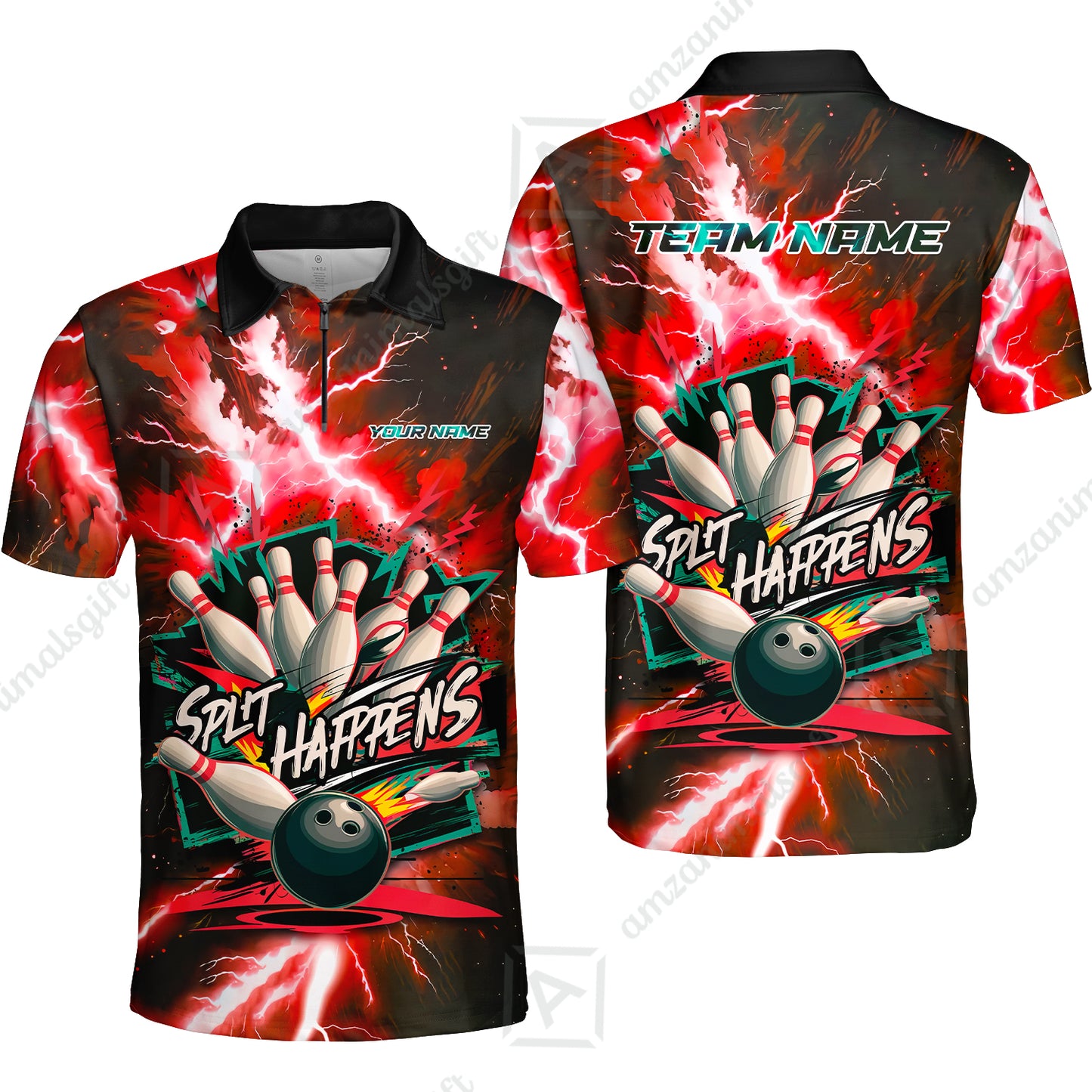 Custom Bowling Team Jersey, Split Happens - Electric Lightning, Bowling Uniforms, Personalize Name And Team Name