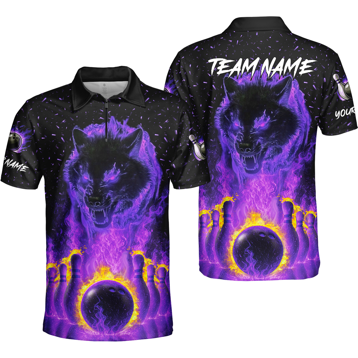 Customized Bowling Jersey, Glowing Wolf with Fiery Bowling Pins , Uniform Bowling - Personalized Name And Team Name