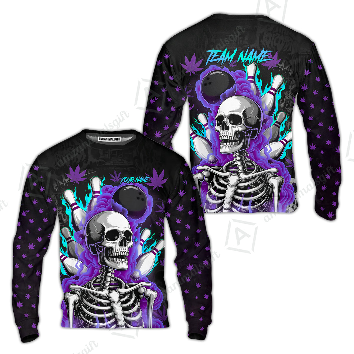 Customized Bowling Jersey, Maple Leaves With Skeleton And Flame Pins, Uniform Bowling - Personalized Name And Team Name