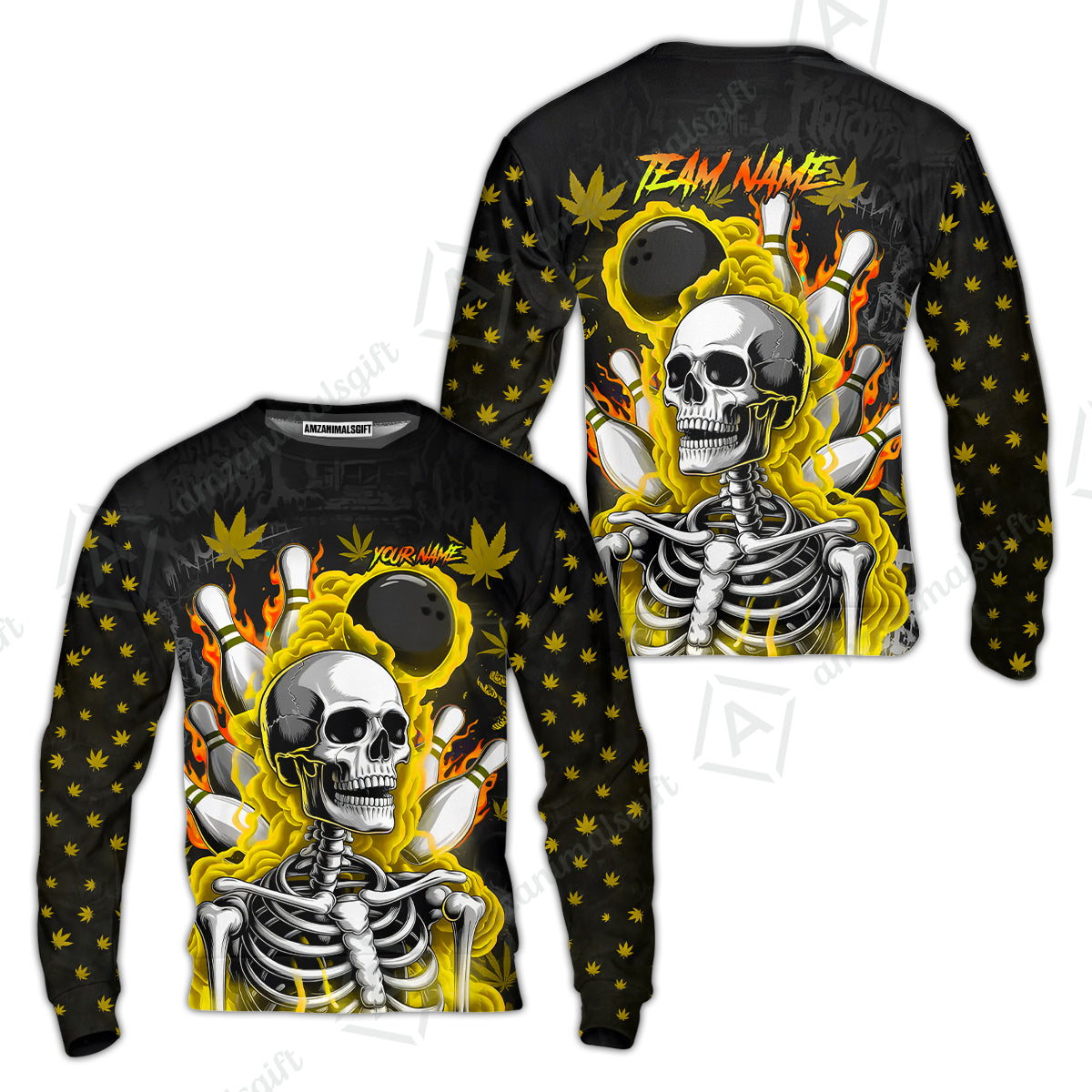 Customized Bowling Jersey, Maple Leaves With Skeleton And Flame Pins, Uniform Bowling - Personalized Name And Team Name