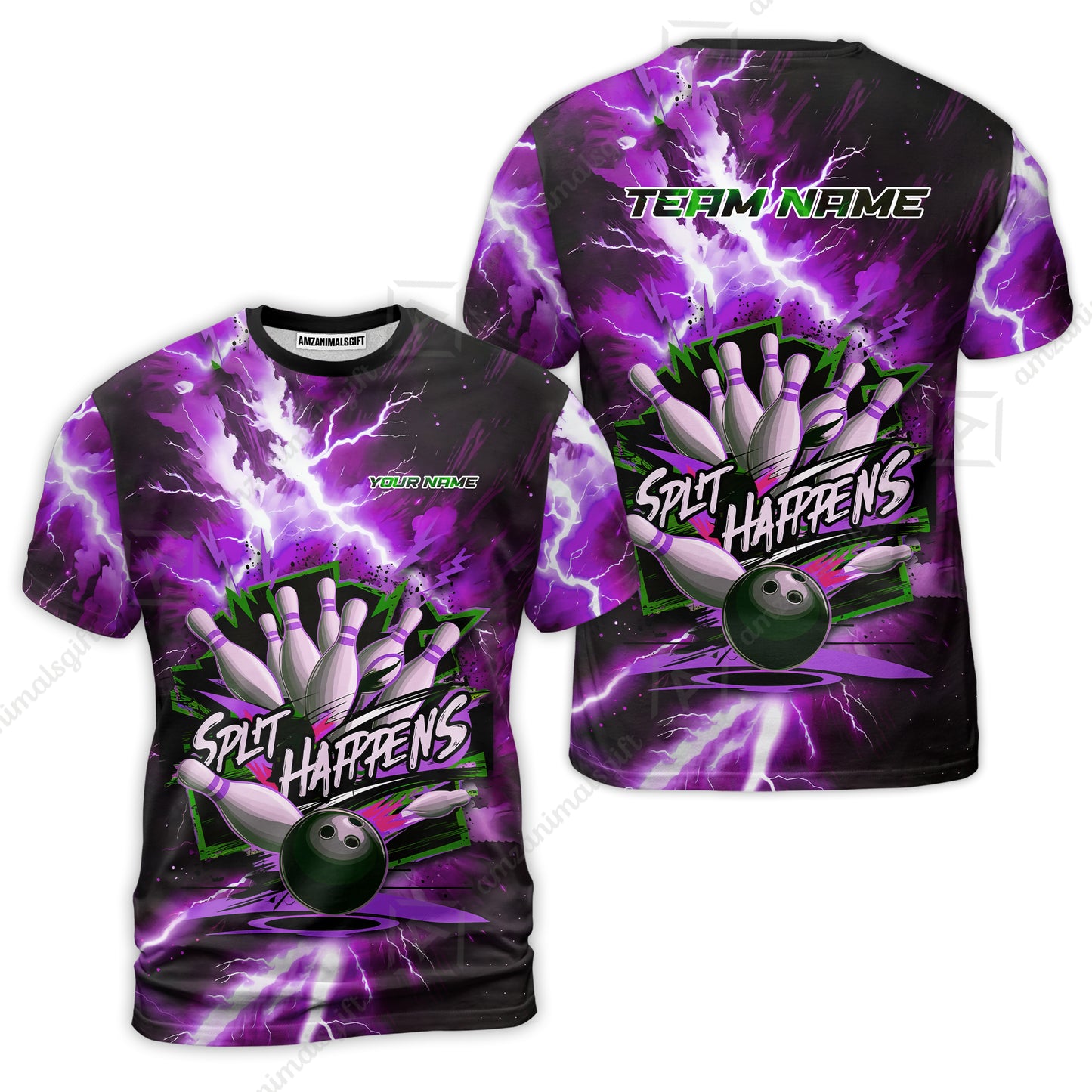 Custom Bowling Team Jersey, Split Happens - Electric Lightning, Bowling Uniforms, Personalize Name And Team Name