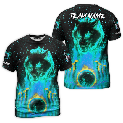 Customized Bowling Jersey, Glowing Wolf with Fiery Bowling Pins , Uniform Bowling - Personalized Name And Team Name