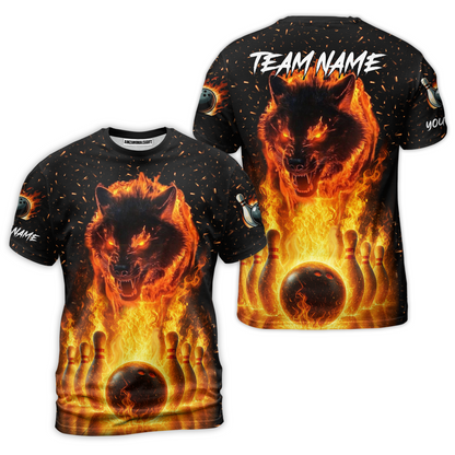 Customized Bowling Jersey, Glowing Wolf with Fiery Bowling Pins , Uniform Bowling - Personalized Name And Team Name