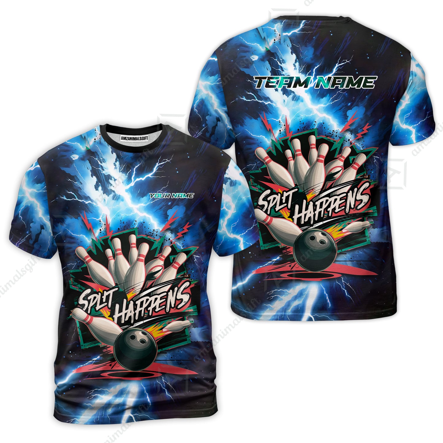 Custom Bowling Team Jersey, Split Happens - Electric Lightning, Bowling Uniforms, Personalize Name And Team Name