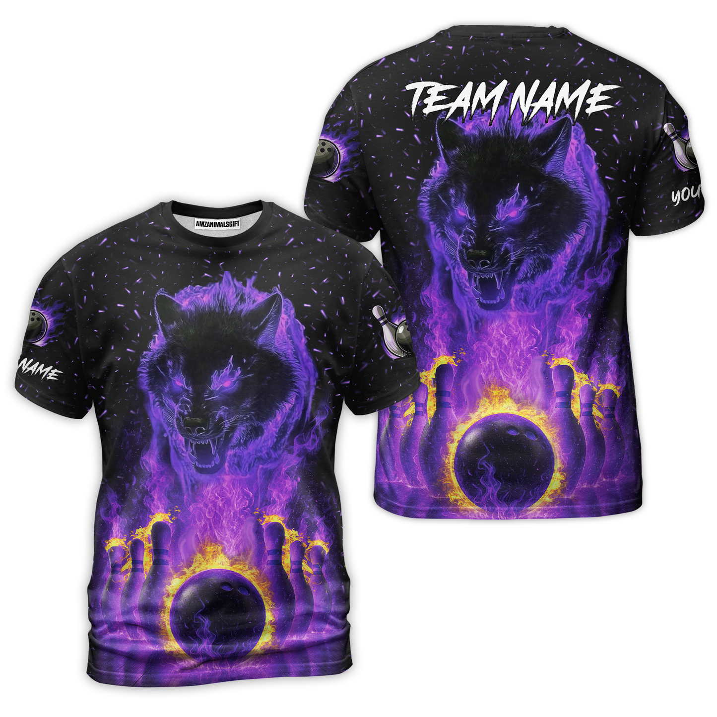 Customized Bowling Jersey, Glowing Wolf with Fiery Bowling Pins , Uniform Bowling - Personalized Name And Team Name