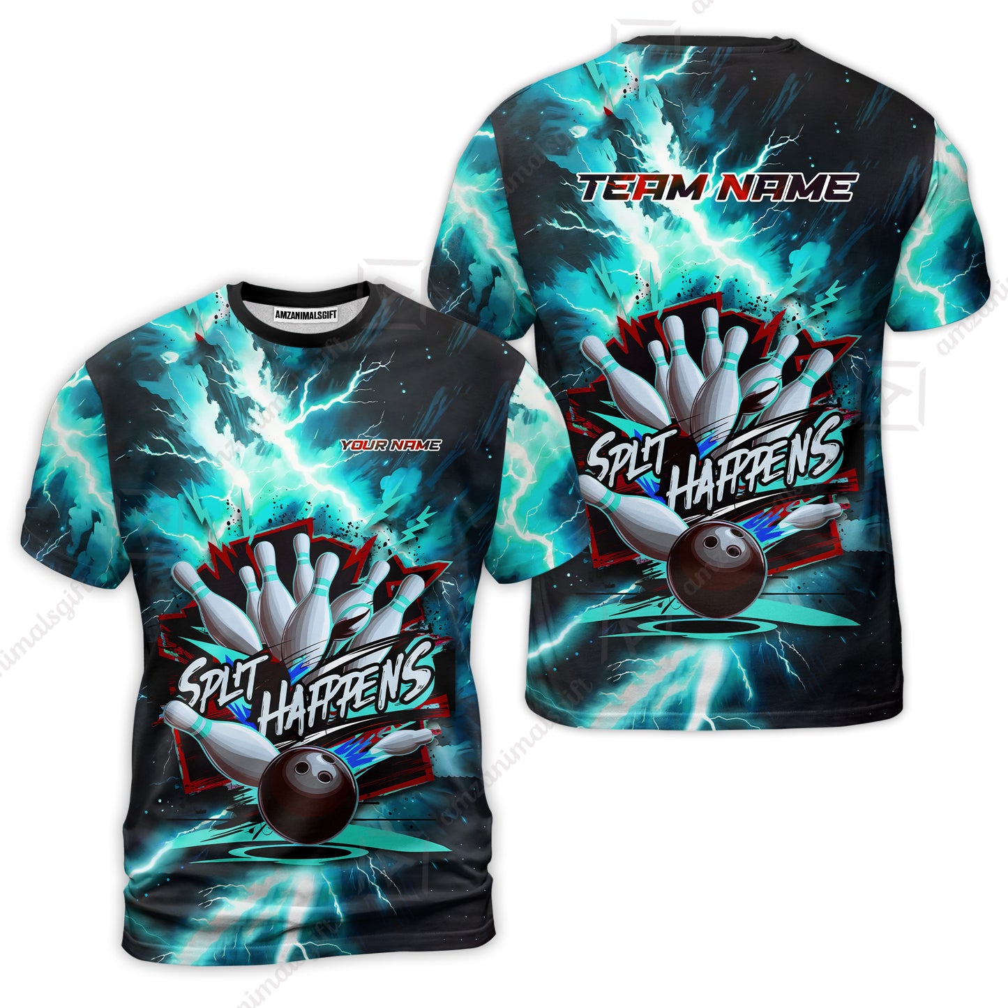 Custom Bowling Team Jersey, Split Happens - Electric Lightning, Bowling Uniforms, Personalize Name And Team Name