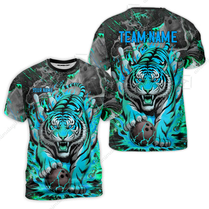 Custom Bowling Team Jersey, Tiger Gripping A Bowling Ball, Bowling Uniforms, Personalize Name And Team Name