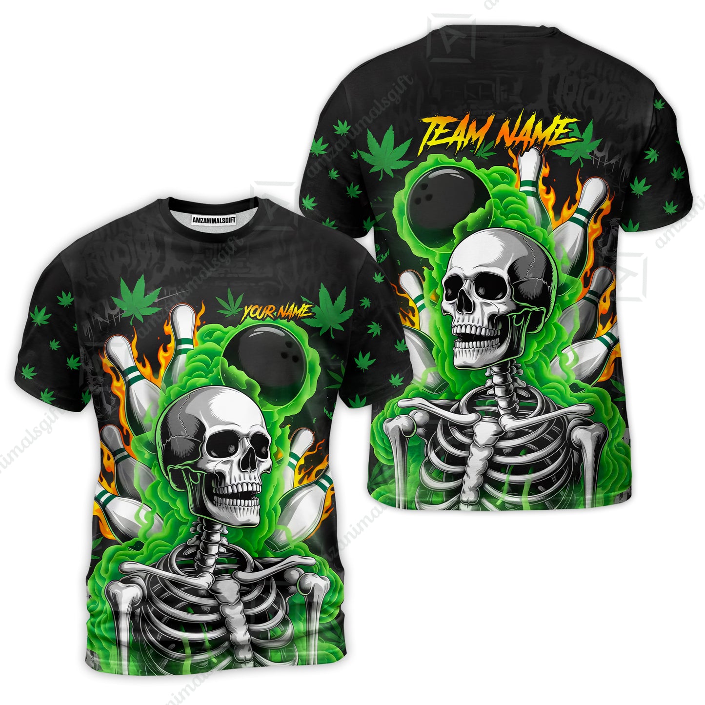 Customized Bowling Jersey, Maple Leaves With Skeleton And Flame Pins, Uniform Bowling - Personalized Name And Team Name