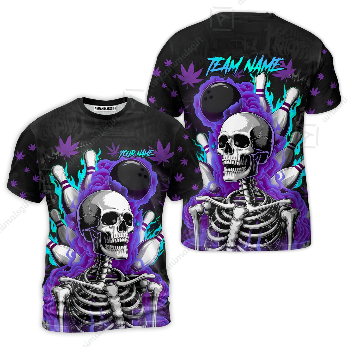 Customized Bowling Jersey, Maple Leaves With Skeleton And Flame Pins, Uniform Bowling - Personalized Name And Team Name