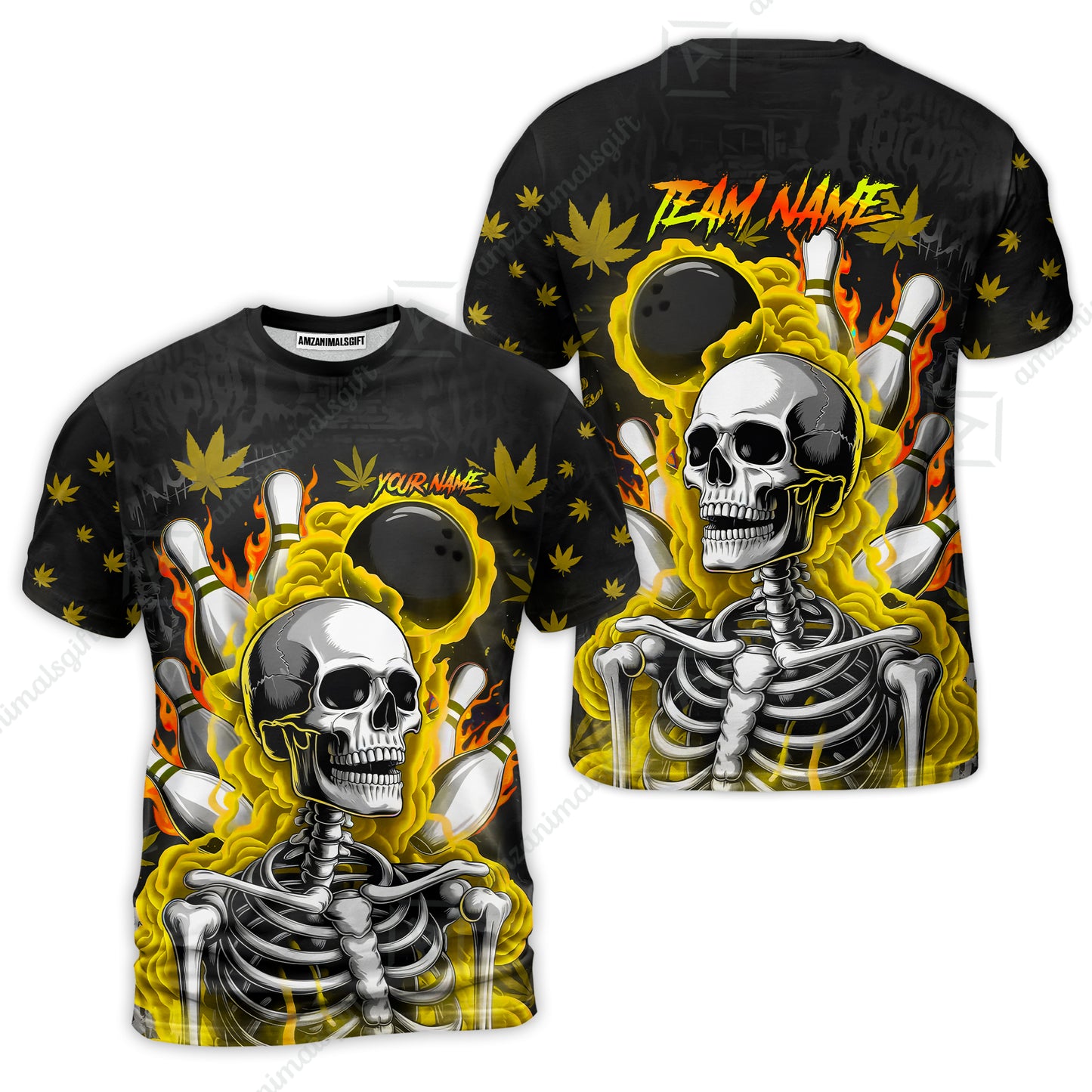 Customized Bowling Jersey, Maple Leaves With Skeleton And Flame Pins, Uniform Bowling - Personalized Name And Team Name