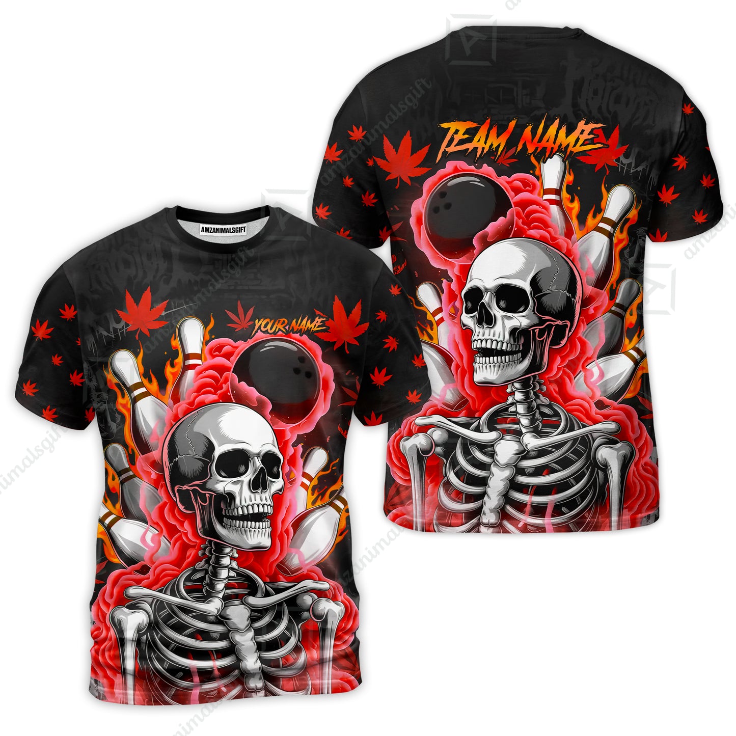 Customized Bowling Jersey, Maple Leaves With Skeleton And Flame Pins, Uniform Bowling - Personalized Name And Team Name