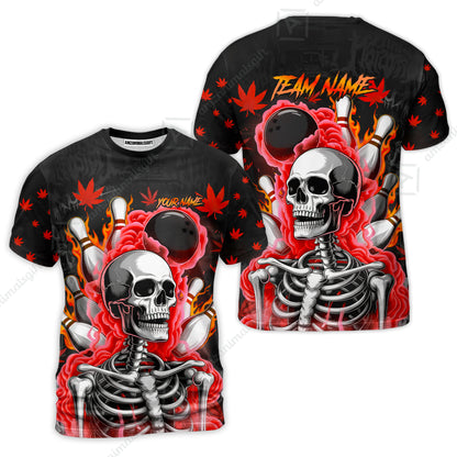 Customized Bowling Jersey, Maple Leaves With Skeleton And Flame Pins, Uniform Bowling - Personalized Name And Team Name