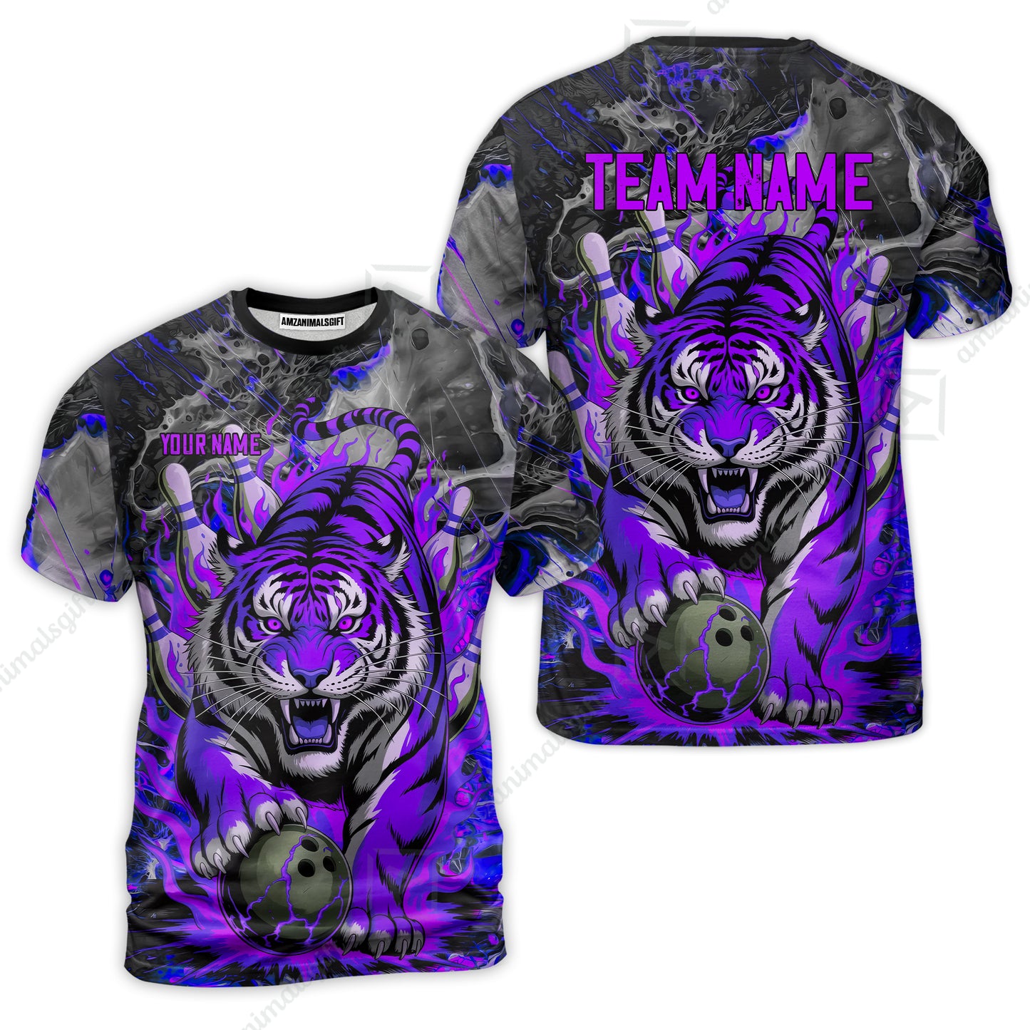 Custom Bowling Team Jersey, Tiger Gripping A Bowling Ball, Bowling Uniforms, Personalize Name And Team Name