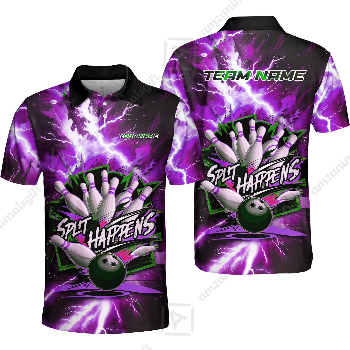 Custom Bowling Team Jersey, Split Happens - Electric Lightning, Bowling Uniforms, Personalize Name And Team Name