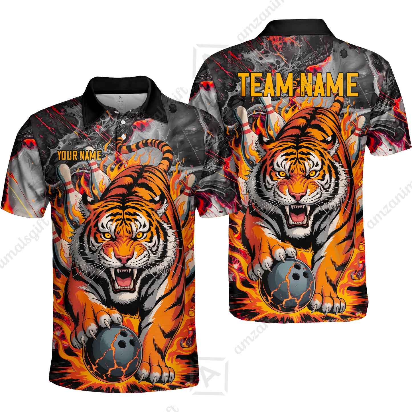 Custom Bowling Team Jersey, Tiger Gripping A Bowling Ball, Bowling Uniforms, Personalize Name And Team Name