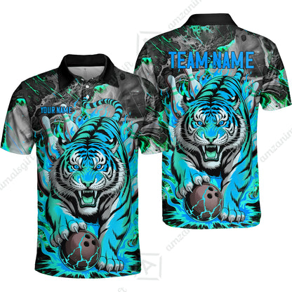 Custom Bowling Team Jersey, Tiger Gripping A Bowling Ball, Bowling Uniforms, Personalize Name And Team Name