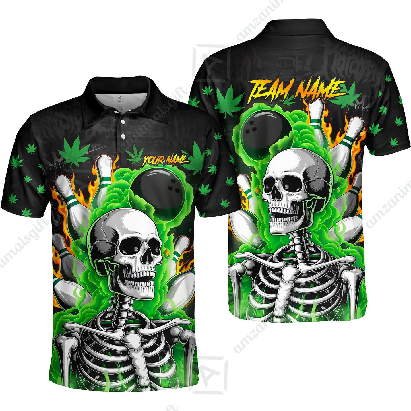 Customized Bowling Jersey, Maple Leaves With Skeleton And Flame Pins, Uniform Bowling - Personalized Name And Team Name
