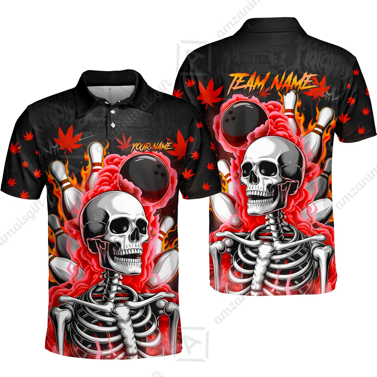 Customized Bowling Jersey, Maple Leaves With Skeleton And Flame Pins, Uniform Bowling - Personalized Name And Team Name
