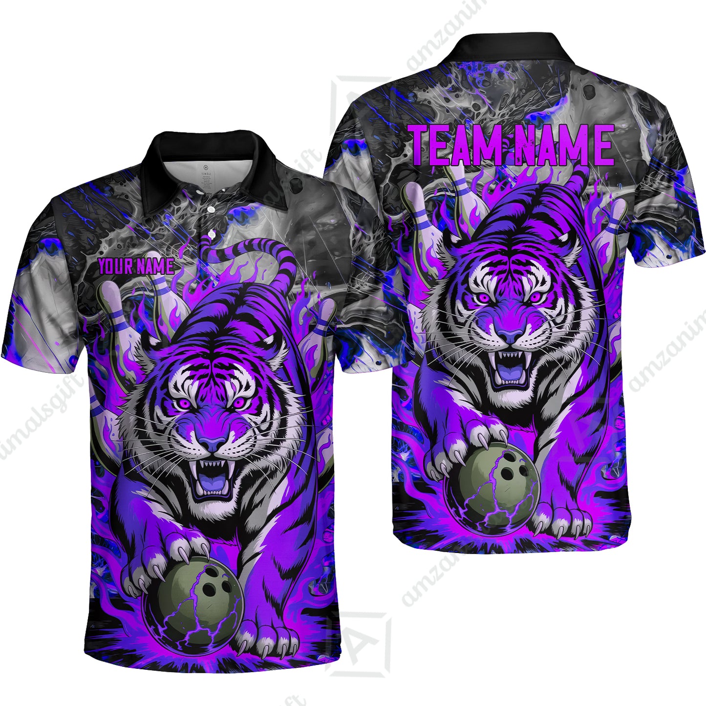 Custom Bowling Team Jersey, Tiger Gripping A Bowling Ball, Bowling Uniforms, Personalize Name And Team Name