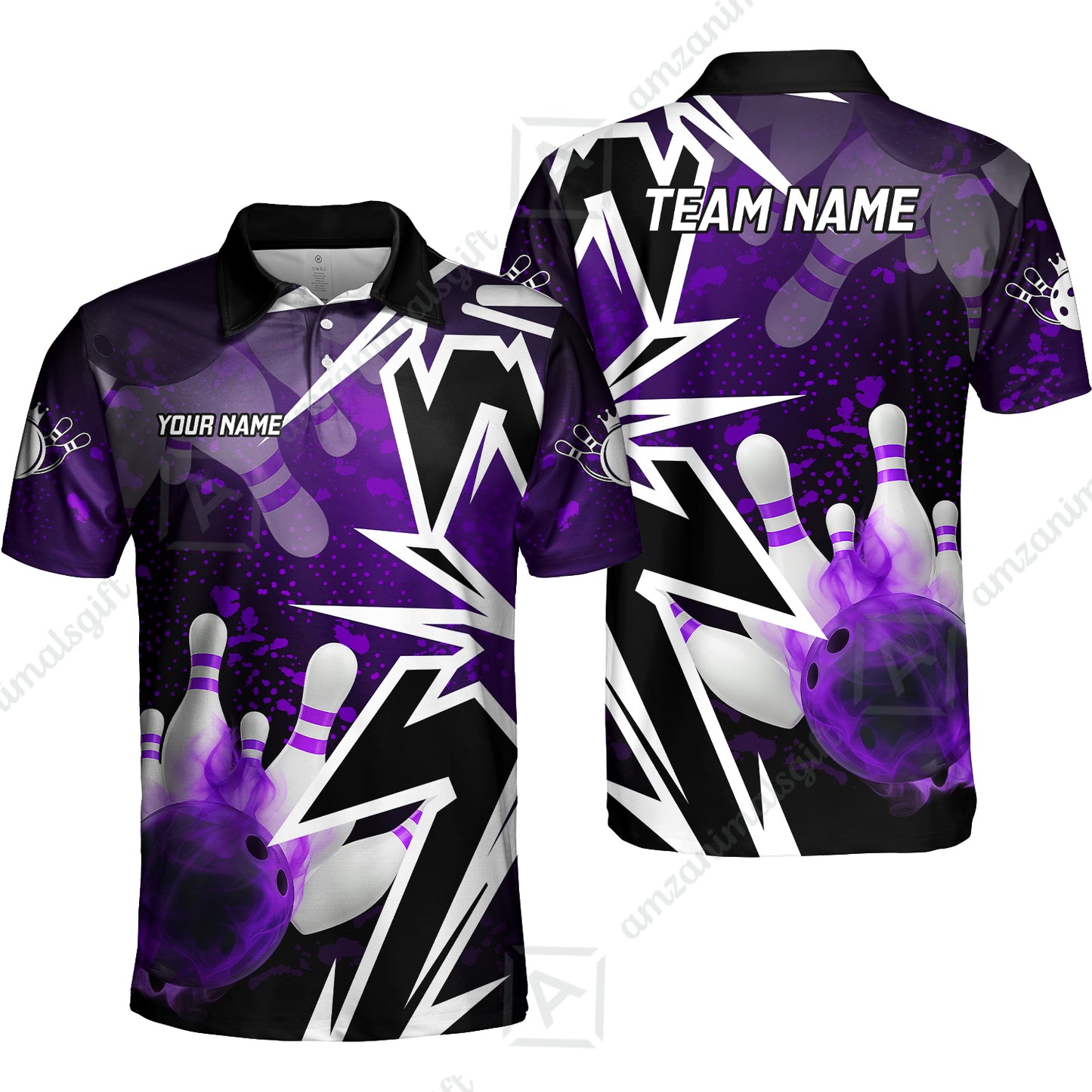 Customized Bowling Polo, Bowling And Pins Smoke Multicolor Option Customized Name And Team Zipper Polo Jerseys Shirts