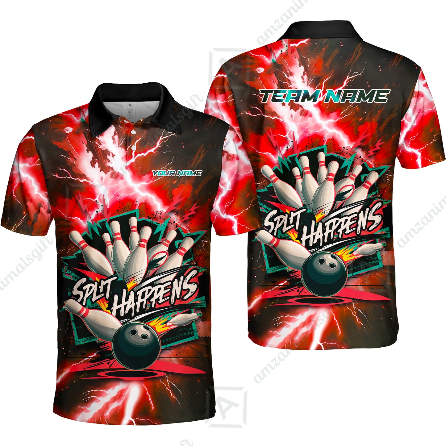 Custom Bowling Team Jersey, Split Happens - Electric Lightning, Bowling Uniforms, Personalize Name And Team Name