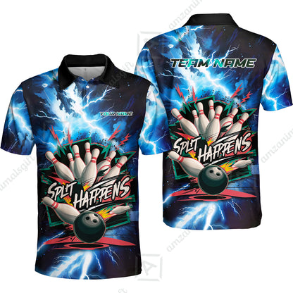 Custom Bowling Team Jersey, Split Happens - Electric Lightning, Bowling Uniforms, Personalize Name And Team Name
