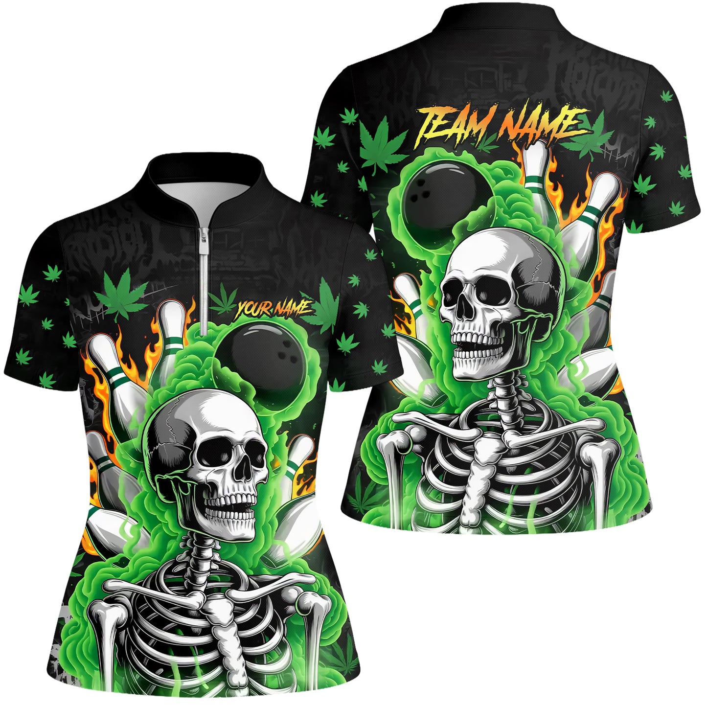 Customized Bowling Jersey, Maple Leaves With Skeleton And Flame Pins, Uniform Bowling - Personalized Name And Team Name