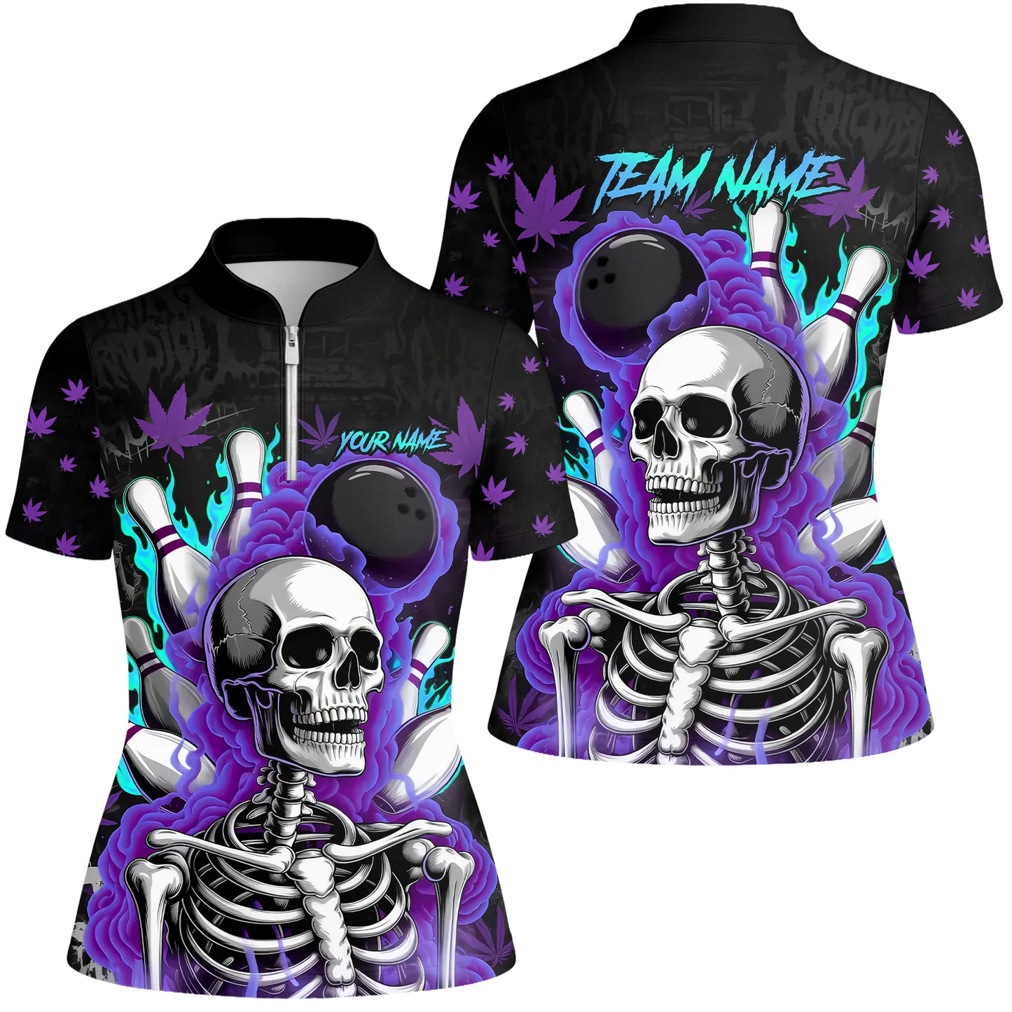 Customized Bowling Jersey, Maple Leaves With Skeleton And Flame Pins, Uniform Bowling - Personalized Name And Team Name