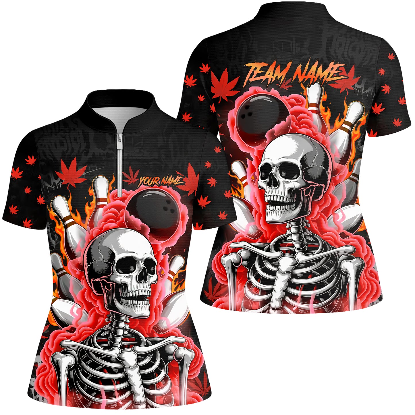Customized Bowling Jersey, Maple Leaves With Skeleton And Flame Pins, Uniform Bowling - Personalized Name And Team Name