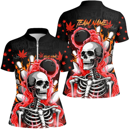 Customized Bowling Jersey, Maple Leaves With Skeleton And Flame Pins, Uniform Bowling - Personalized Name And Team Name