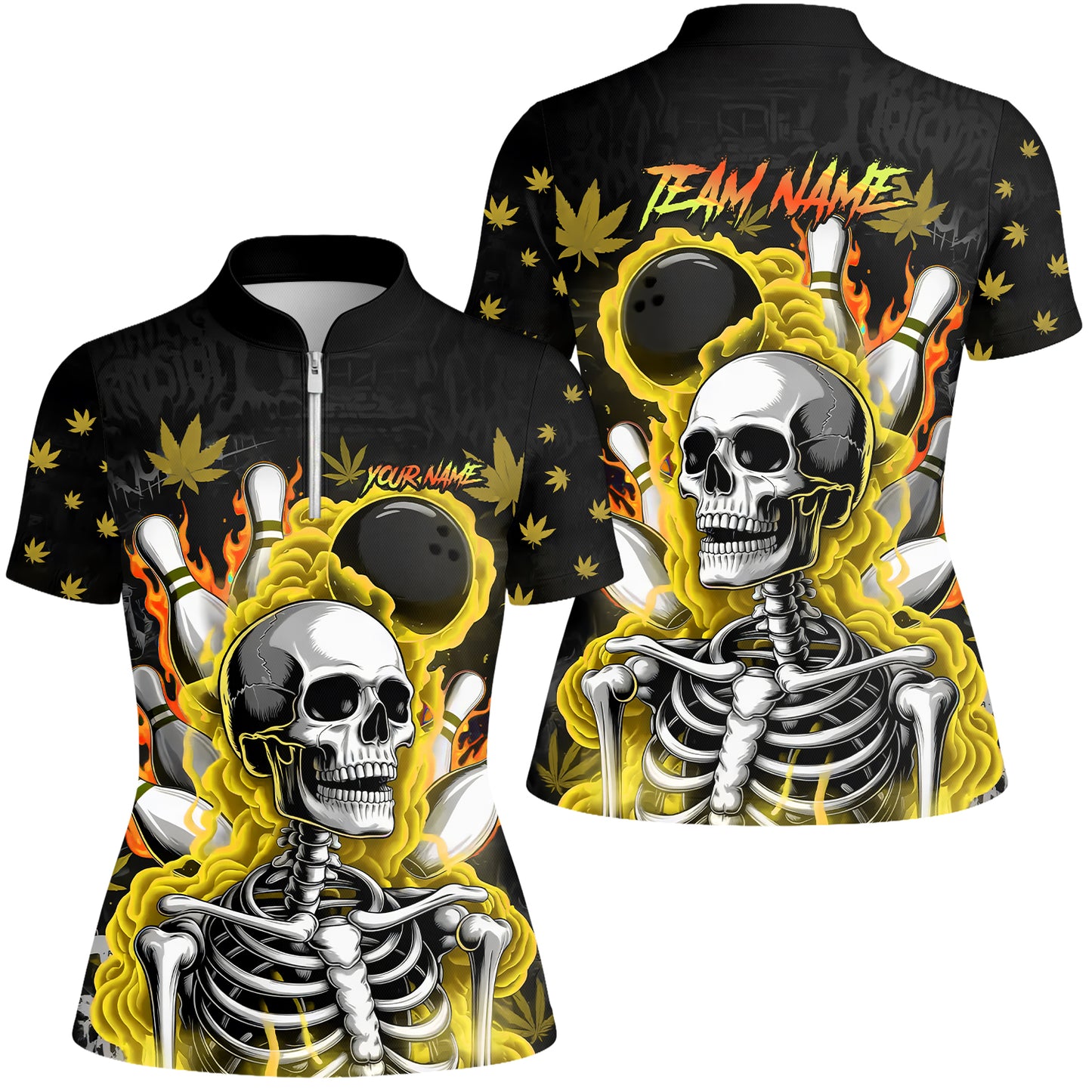 Customized Bowling Jersey, Maple Leaves With Skeleton And Flame Pins, Uniform Bowling - Personalized Name And Team Name