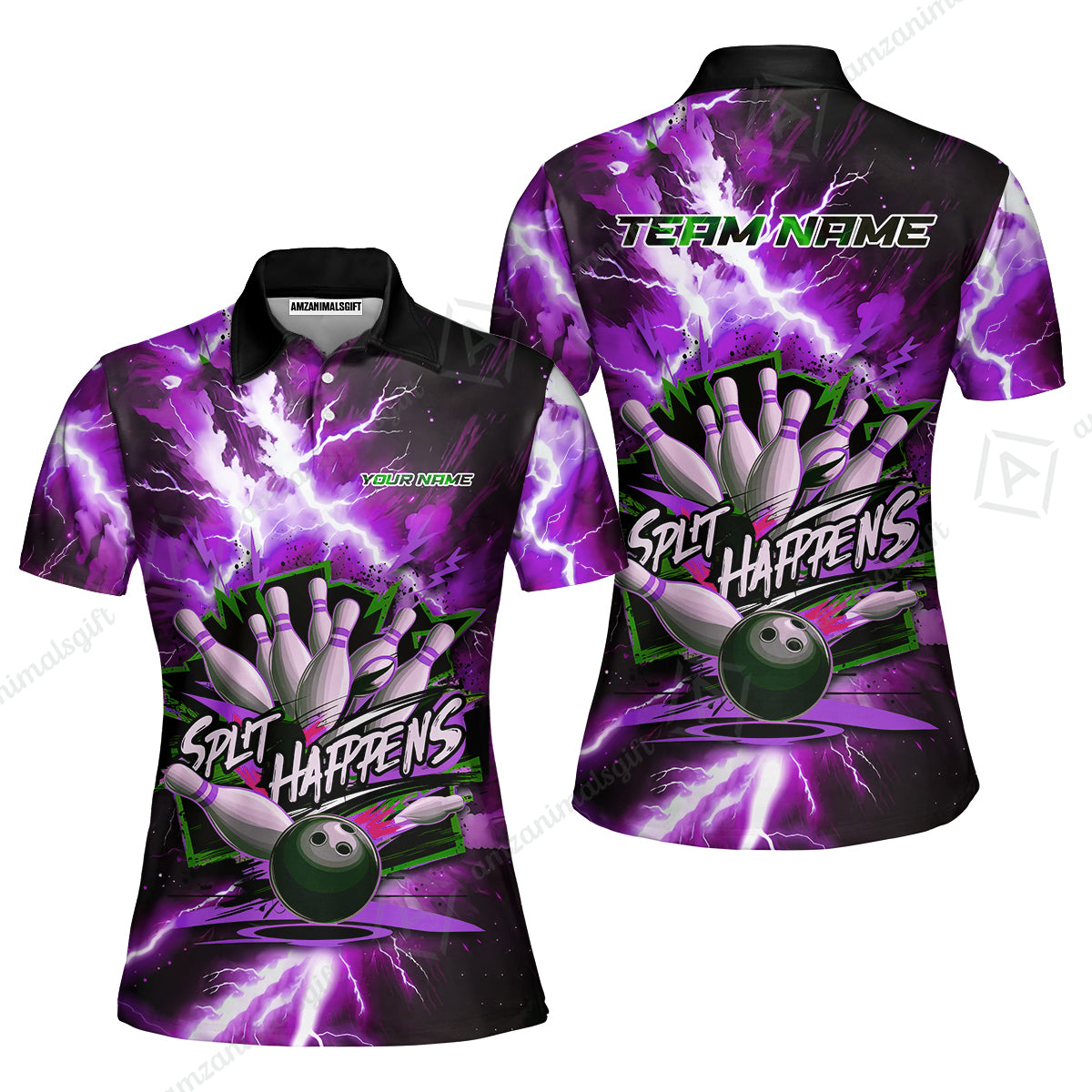 Custom Bowling Team Jersey, Split Happens - Electric Lightning, Bowling Uniforms, Personalize Name And Team Name