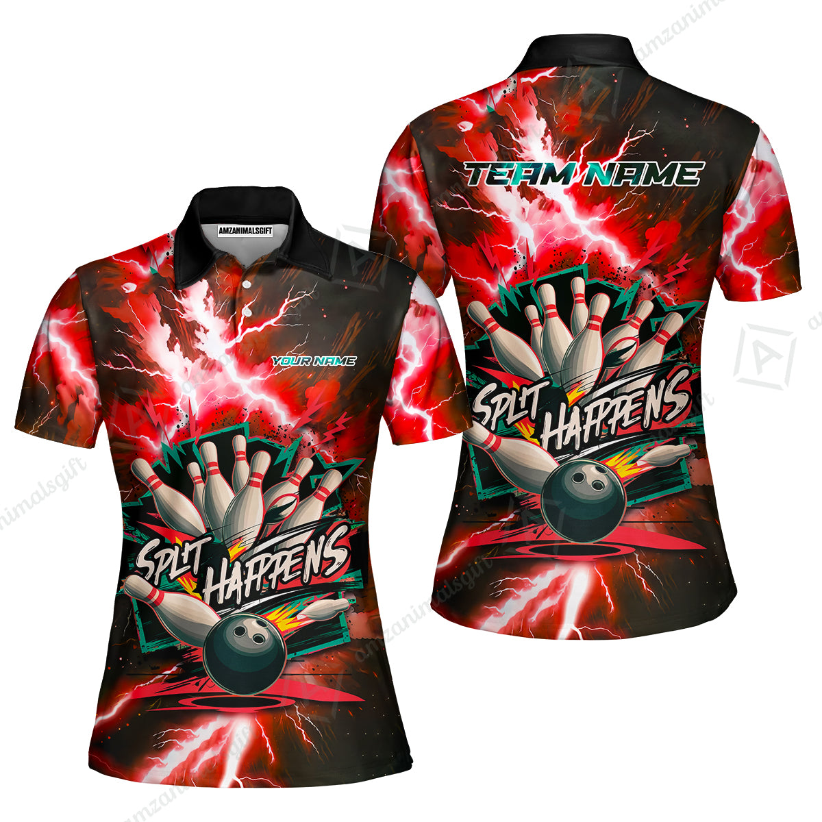 Custom Bowling Team Jersey, Split Happens - Electric Lightning, Bowling Uniforms, Personalize Name And Team Name